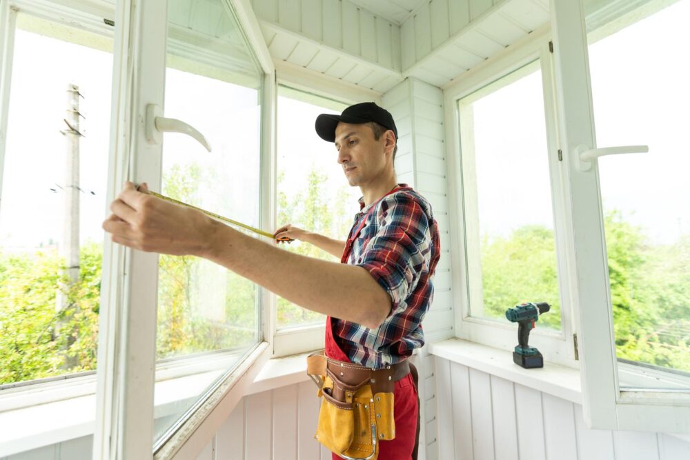 Professional handyman installing window at home